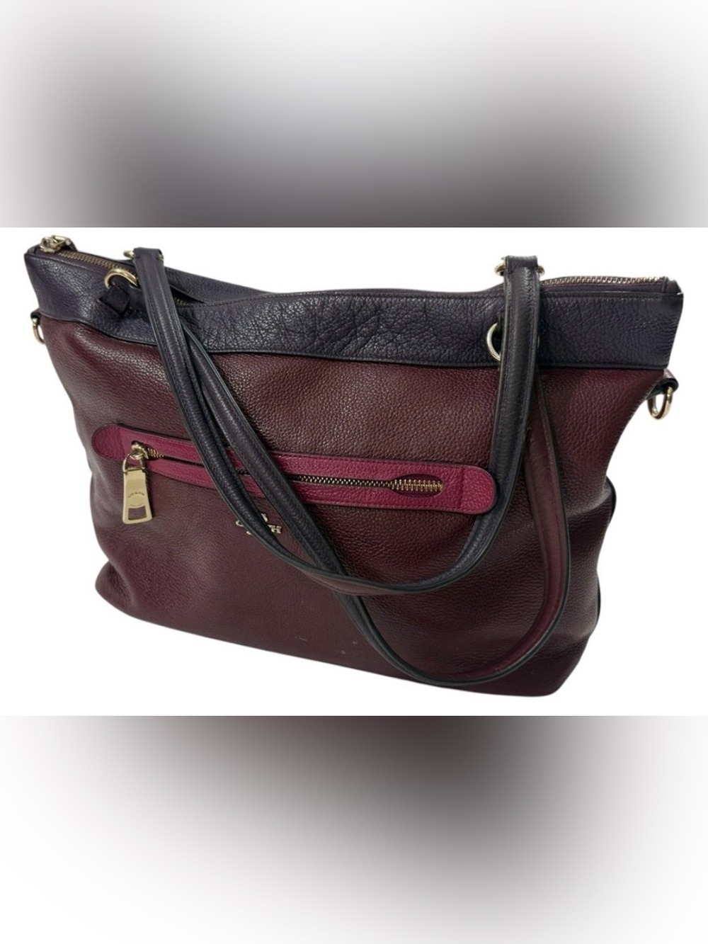 Coach Pebbled Leather Tote Oxblood Burgundy Zip Pocket Shoulder Bag Work Tote